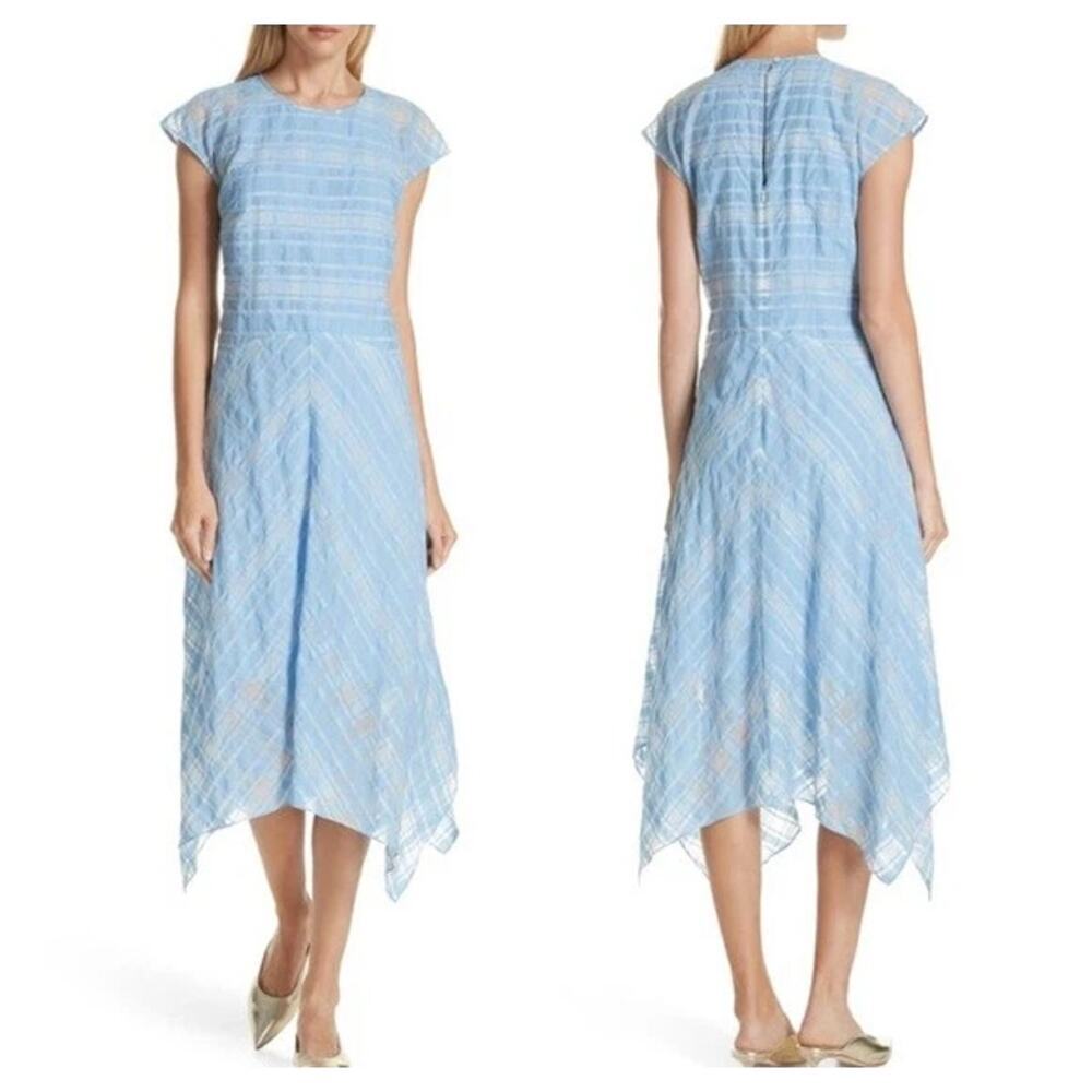 Lewit Womens Sheer Handkerchief Hem Plaid Crew Neck Midi Dress Light Blue Silver